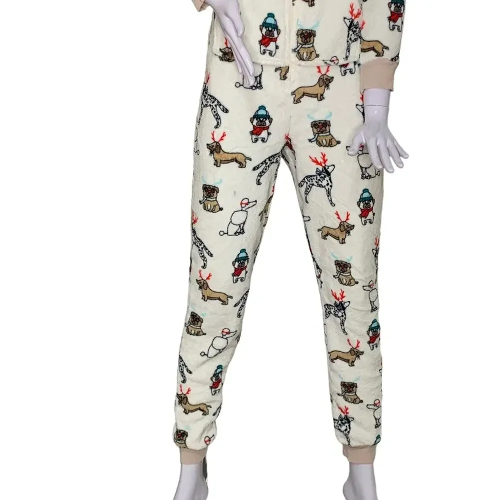 Holiday Time One Piece Hoodie Doggies Print Front Zipper Size XS